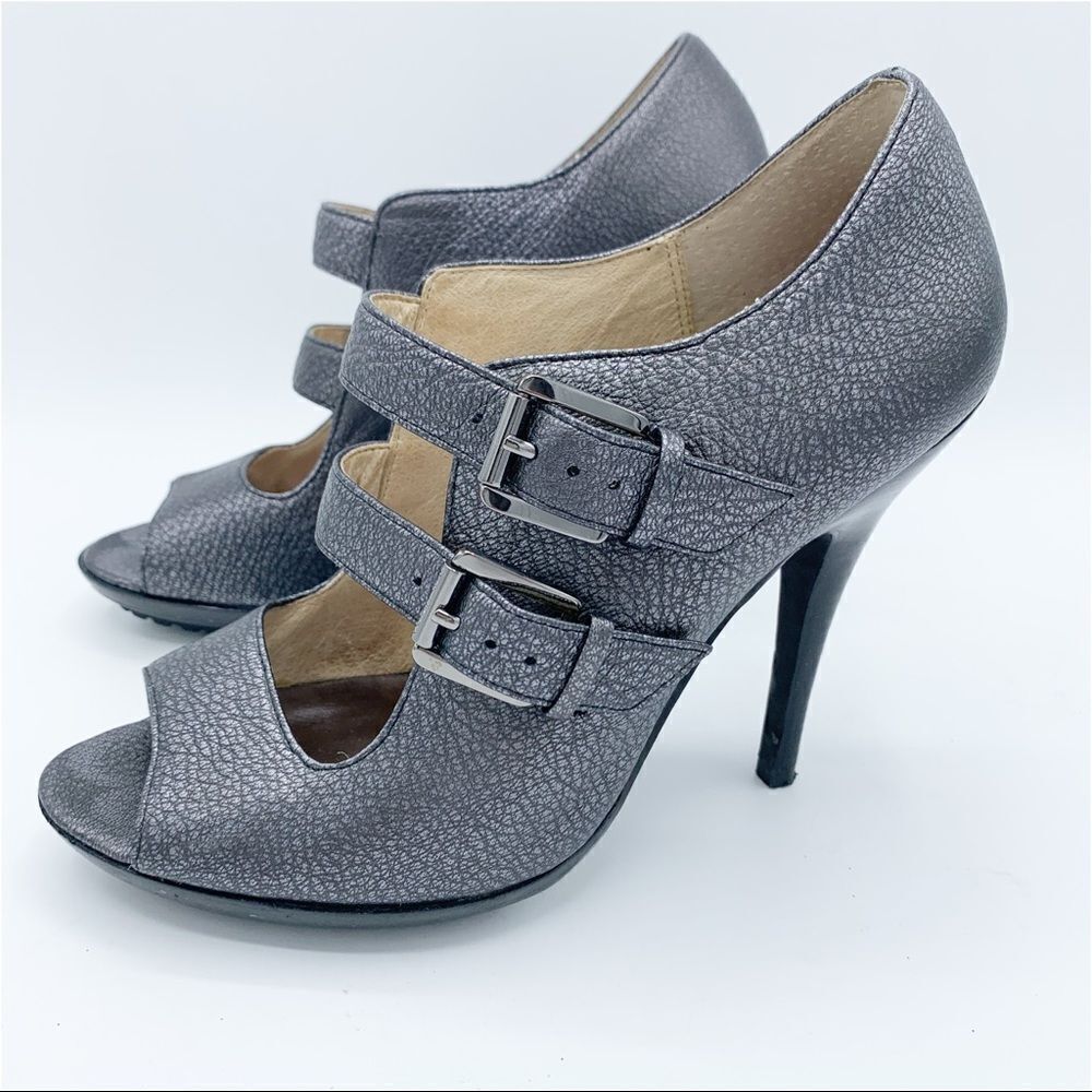 Michael Kors Webster Peep Toe Platform Metallic Pewter Pebbled Leather